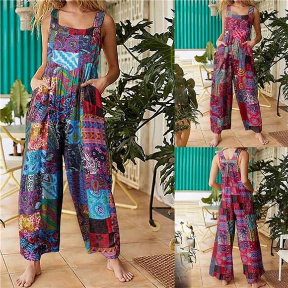 Women's Summer Casual Jumpsuit Boho Sleeveless Suspender Overall Romper Pants - Picture 4 of 7